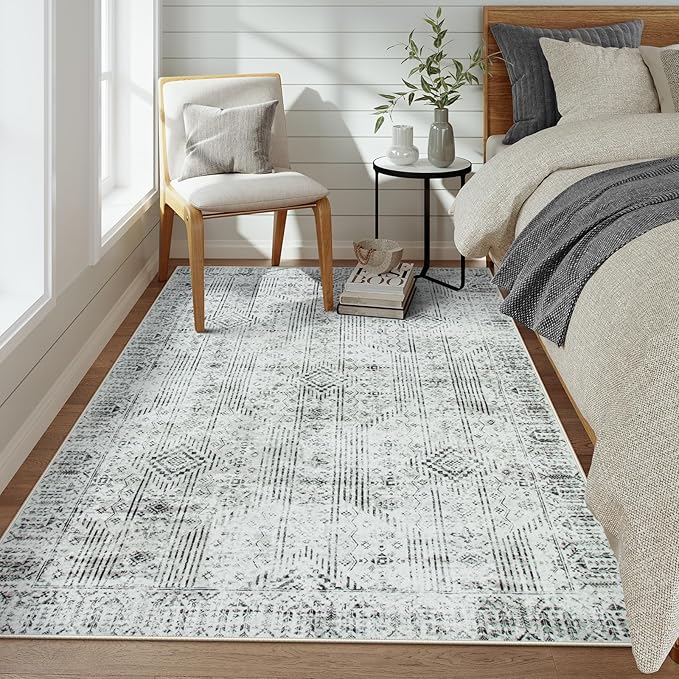 Lahome Mid Century Modern Rug for Office 5x7, Washable Grey Rugs for Living Room, Soft Neutral Dorm Room Rug for Bedroom Aesthetic, Rubber Backed Non-Slip Carpet for Dining Room