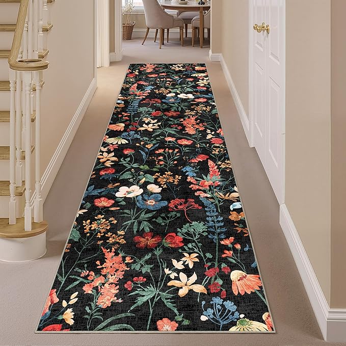 Floral Runner Rug 3x10 Washable Hallway Long Black Bedroom Carpet Non Slip Indoor Boho Kitchen Low Pile Accent Rug Lightweight Soft for Bathroom Dining Laundry Living Room