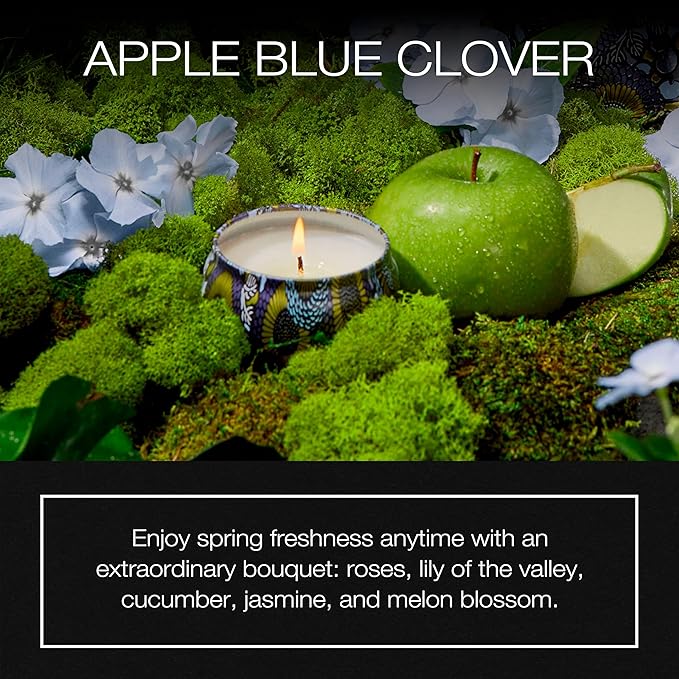 Voluspa Apple Blue Clover, Mini Tin Candle, 4 oz, 25 Hour Burn Time, Coconut Wax for Clean Burning, Handcrafted in The USA