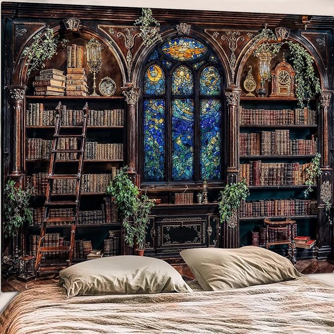Lunerfex Vintage Bookshelf Library Tapestry Wall Decor Tapestry for Bedroom Art Tapestries Wall Hanging for Bedroom Living Room Bookshelf01 60"x80"