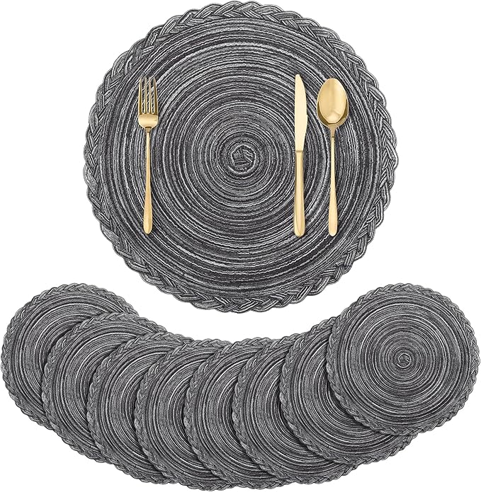 fanquare Round Braided Placemats Set of 8, Woven Kitchen Table Mats 15 Inch Round Woven Table Mats Cotton Polyester Place Mats for Dining Wedding Party