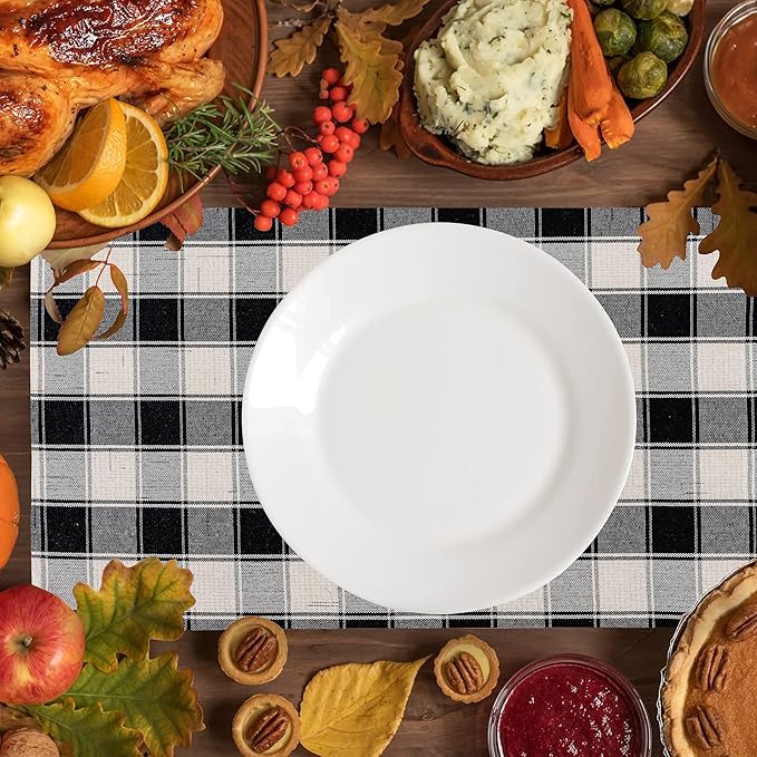 Home Brilliant Buffalo Plaid Placemats Set of 6 Farmhouse Place Mats for Kitchen Table, 13 x 19 inches, Black and White