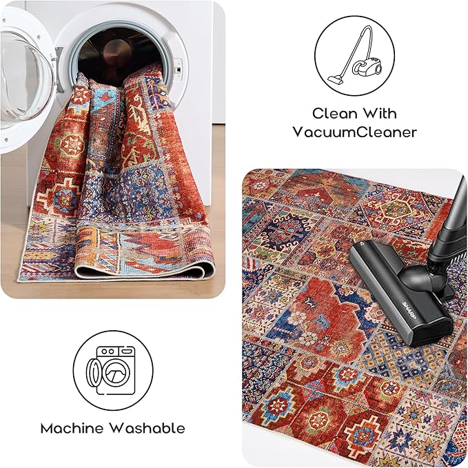 8x10 Washable Large Area Rugs for Living Room,Geometric Boho Rug for Bedroom,Red Blue