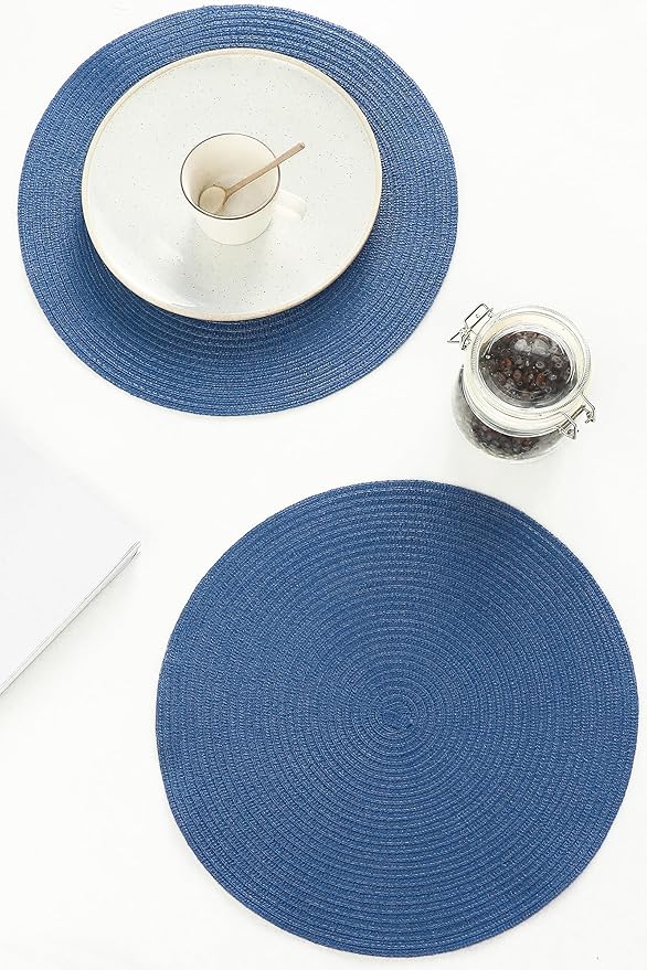 Floroom 15 Inch Round Braided Placemats Set of 4, Washable Heat Resistant Cotton Polyester Circle Place Mats for Kitchen Dining Table - Sail Blue