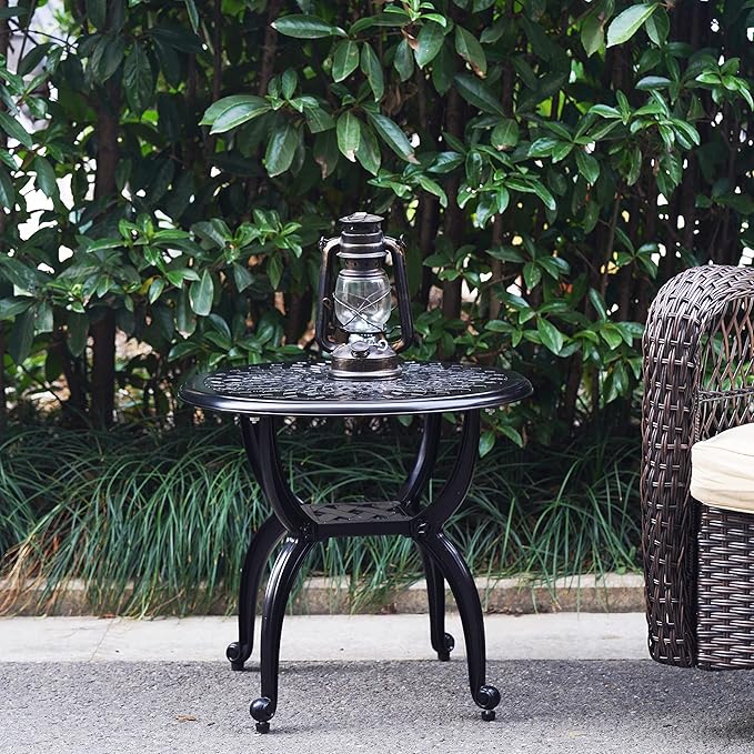 Mandolin Outdoor Patio,Rust -Resistant Cast Aluminum Side Table,Weather Resistant End Table,Coffee Table, Perfect for Patio, Backyard Or Garden.W 20.8" X H18.5(Aluminum Round, Black)