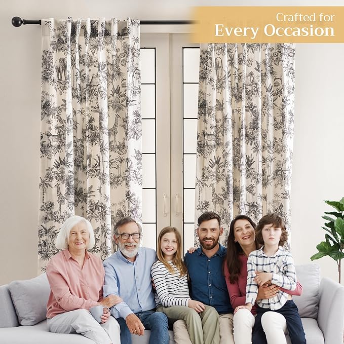 Maison d' Hermine Curtains for Living Room 100% Cotton 96 inch Length One Panel Light Filtering Toile Curtains for Bedroom Windows with Rod and Loop Pockets Drapes (Savana Jouy Black, 50" W x 96" L)