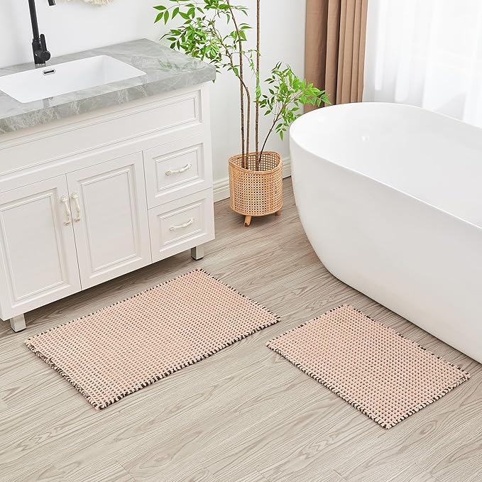 Douceur Waffle Bath mat for Bathroom Floor Non Slip, Super Soft Acrylic Blend Bath Rugs with Tassels, Quick Dry Bathroom Rugs Machine Washable, 16" x 24", Brown