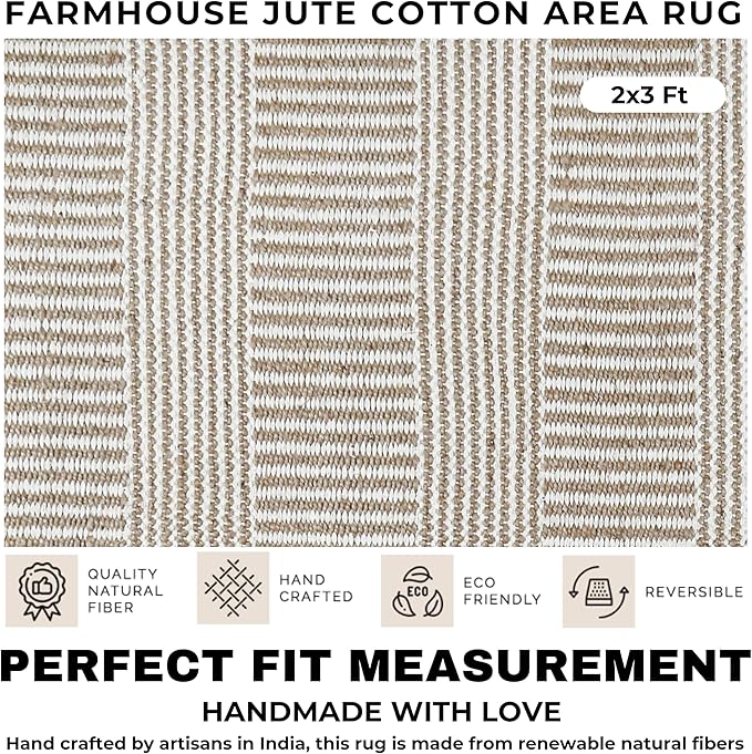 Bedding Craft Jute Cotton Stripe Area Rug for Living Room 24x36 Inch - Natural Ivory - Machine Washable 2x3 Feet Rugs - 70% Jute and 30% Cotton