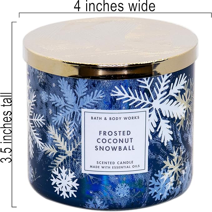 White Barn Bath and Body Works, 3-Wick Candle w-Essential Oils - 14.5 oz - 2020 Holidays Scents (Frosted Coconut Snowball), White Soy Wax, Blue and White Jar Print, Gold Lid, Transparent Glass