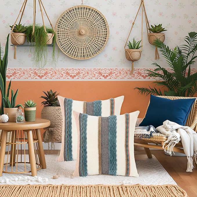 Tosleo Decorative Throw Pillow Covers 18x18 Set of 2 Boho Chenille Tufted Pillow Cover Textured Pillow Covers Striped Pillow Cases Accent Pillow Cases Farmhouse Cushion Case for Sofa Couch Bed,Blue