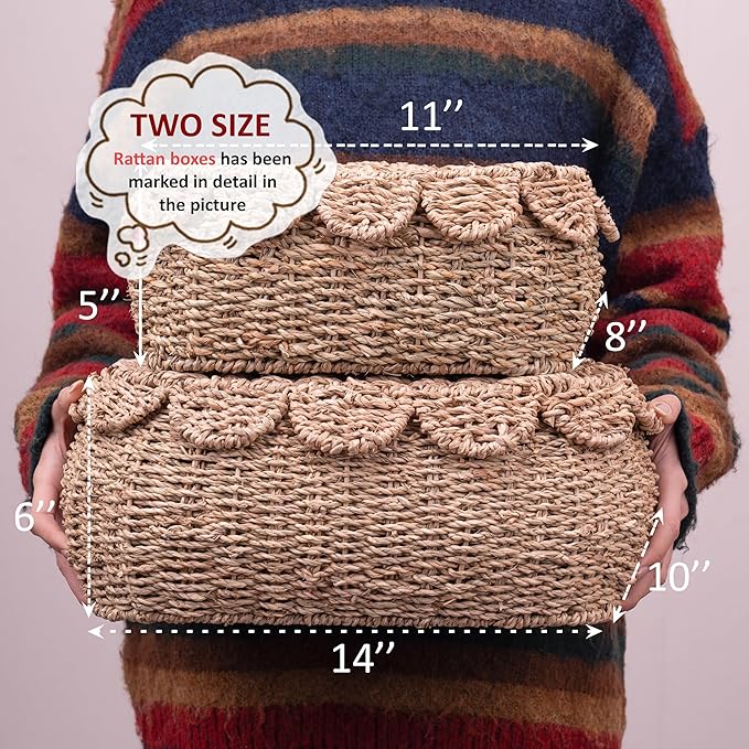 Set of 2 Hand Round Wicker Storage Baskets, Rattan Basket Decorative Boxes, Woven Storage Box Seagrass Baskets with Lids, Scalloped Edge Wicker Basket with Lid