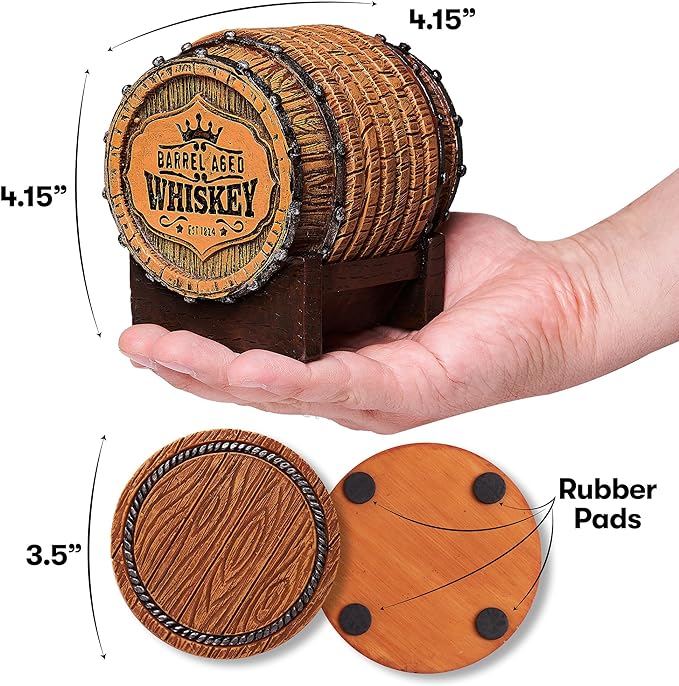 Cabin Obsession Whiskey Barrel Coaster Set β Handcrafted Whiskey Barrel Decor for Whiskey Lovers and Man Cave Gifts for Men - 6 Full Size Whiskey Coasters with Barrel Style Holder for Man Cave DΓ©cor