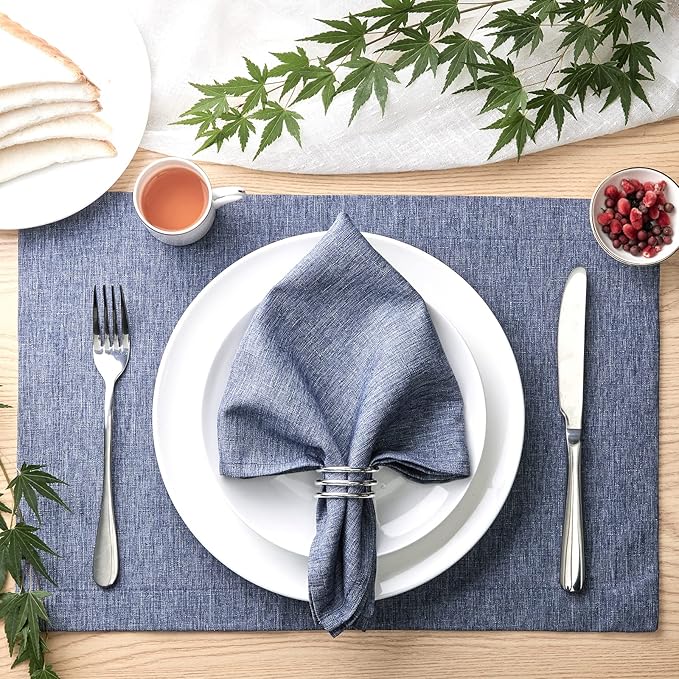 Mebakuk Cloth Placemats, Machine Washable Linen Style Thick Place Mats, Heat Resistant and Easy to Clean Fabric Table Mats for Kitchen Dining Table (Denim Blue, Set of 6)