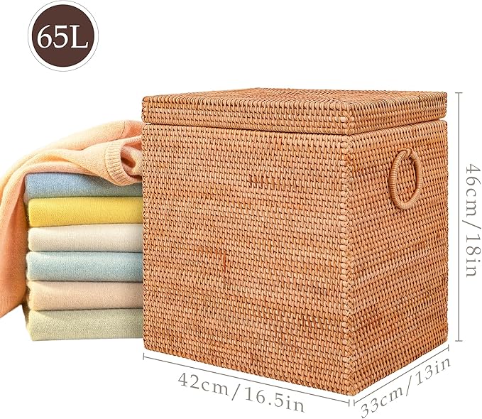 Rattan Laundry Hamper With Removable Liner Bag, Rattan Laundry Basket With Handles(16.5" L×13"W×18"H)