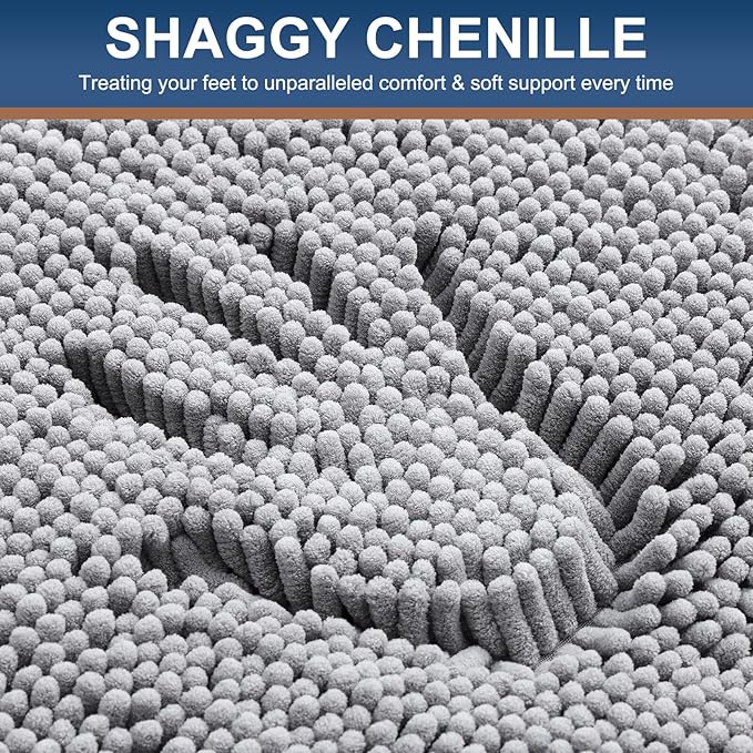 Smiry Luxury Chenille Bath Rug 36''x24'', Extra Soft and Absorbent Shaggy Bathroom Mat Rugs, Machine Washable, Non-Slip Plush Carpet Runner for Tub, Shower, and Bath Room, Light Grey