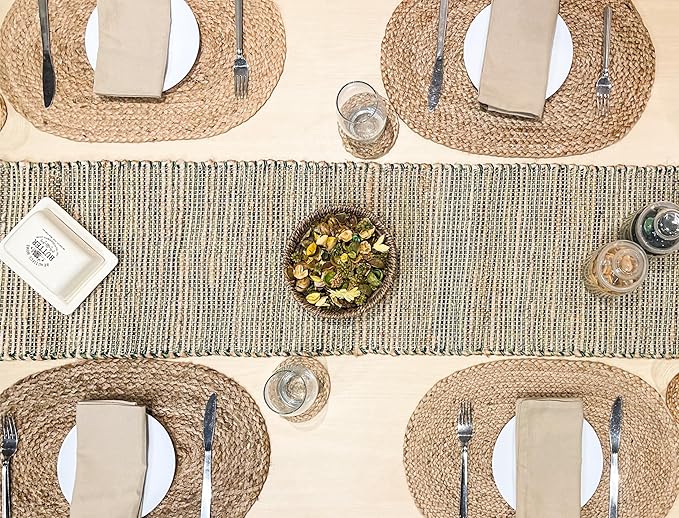 Chardin Home Natural Jute Table Runner 13x90 Inch – Vintage Boho Rustic Table Decor – Handwoven Jute Table Runner in Natural and Green– Farmhouse Dining or Console Table Accent