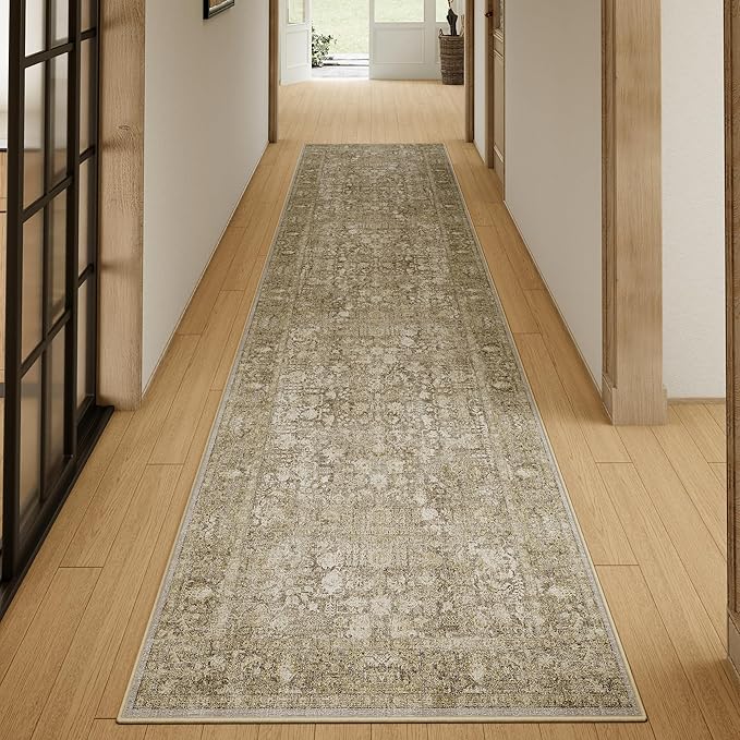 Brown Runner Rug 2x5 Hallway Machine Washable Kitchen Vintage Distressed Non Slip Long Carpet Indoor Retro Floral Bedroom Accent Throw Rug for Bathroom Office Laundry Dining Room