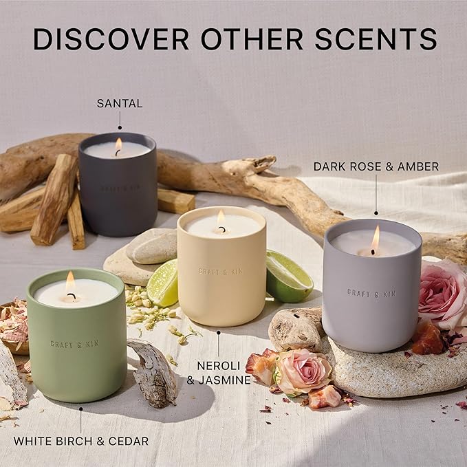 Craft & Kin Scented Candles - White Birch & Cedar | 10oz Soy Blend with Cotton Wick | Long-Lasting Fall Candles, 40-Hour Burn | Ceramic Jar, Perfect Fall & Winter Home Scent
