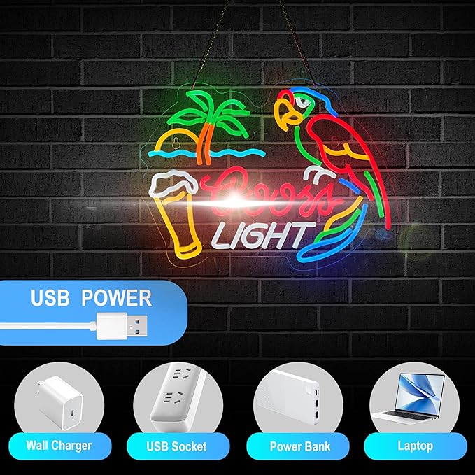 Bar Parrot Crs LIGHT Neon Sign for Beer Palm Tree Wall Décor Dimmable Switch Neon LED Light up Signs with USB Powered for Home Bedroom Man Cave Art Decor Gift