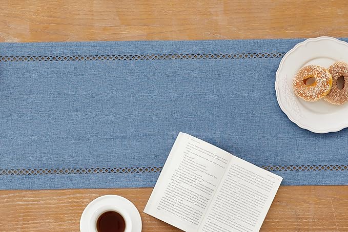 Burlap Style Farmhouse Table Runner, 13 x 72 Inch Blue, Rustic Geometric Hollow Table Runners 72 Inches Long for Dresser Table Everyday Use, 13x72 Inches, Blue