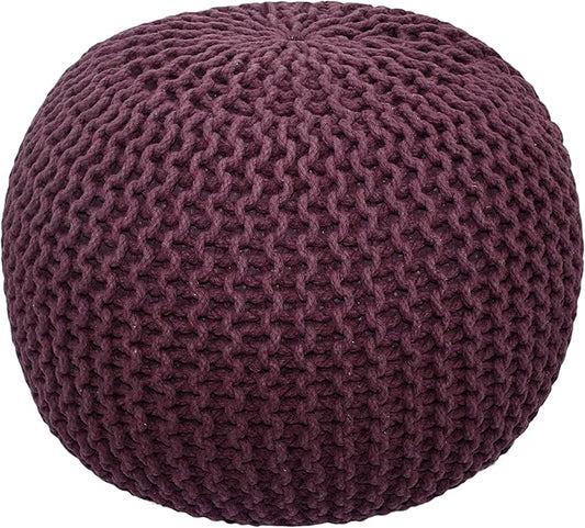 COTTON CRAFT Round Pouf - Hand Knitted Cotton Braid Cord Cable Dori Ottoman - Foot Stool - Floor Pouf Footrest Accent Seat Furniture Bean Bag - Living Room Kids Room Nursery Dorm Décor - 20x14 - Plum