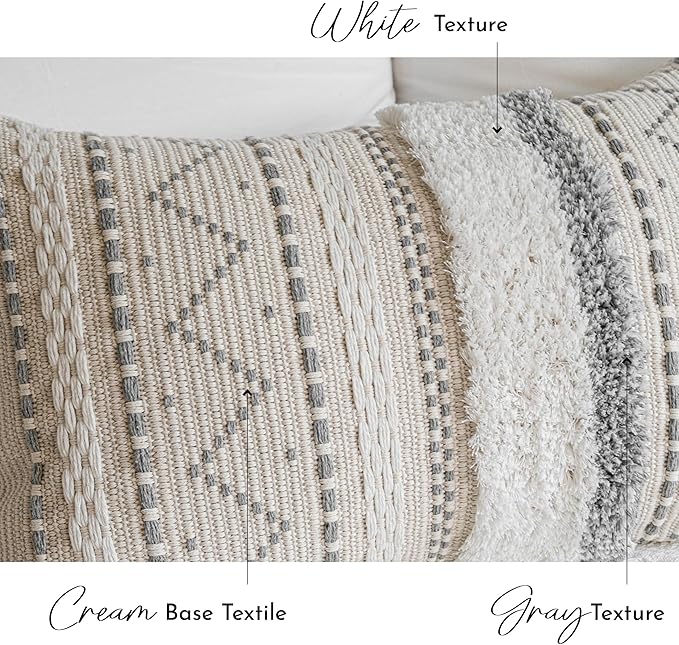 Gray Decorative Throw Pillow Cover 20x20 Square Boho Neutral White Accent Pillowcase Tassels Farmhouse Cushion for Couch Sofa Bedroom Living Room Home Décor (Cover ONLY, Pack of 1)