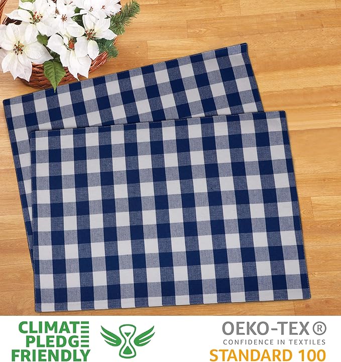 Urban VillaPlacemats for Dining Table 100% Cotton Placemats 14''x20'' Over Sized Tablemats Set of 6 Placemats Blue/White Buffalo Check Tablemats for Family Dinners Wedding PartiesPlacemats