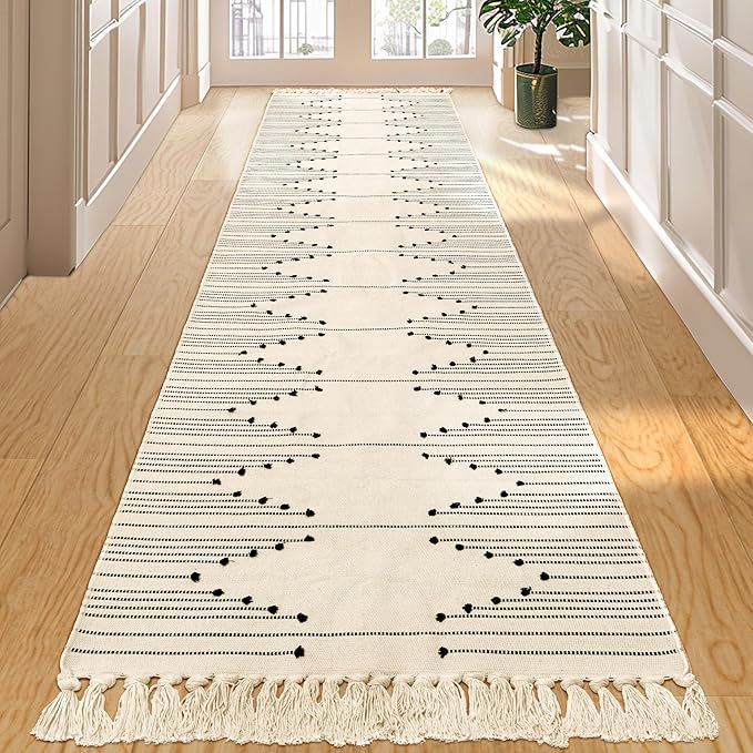 Tritard Boho Hallway Runner Rug 2x10 - Washable Area Rug Farmhouse Aztec Cotton Long Lightweight Rugs with Tassels Kitchen Bathroom Woven Low Pile Thin Carpet for Entryway, Bedroom, Beige Cream