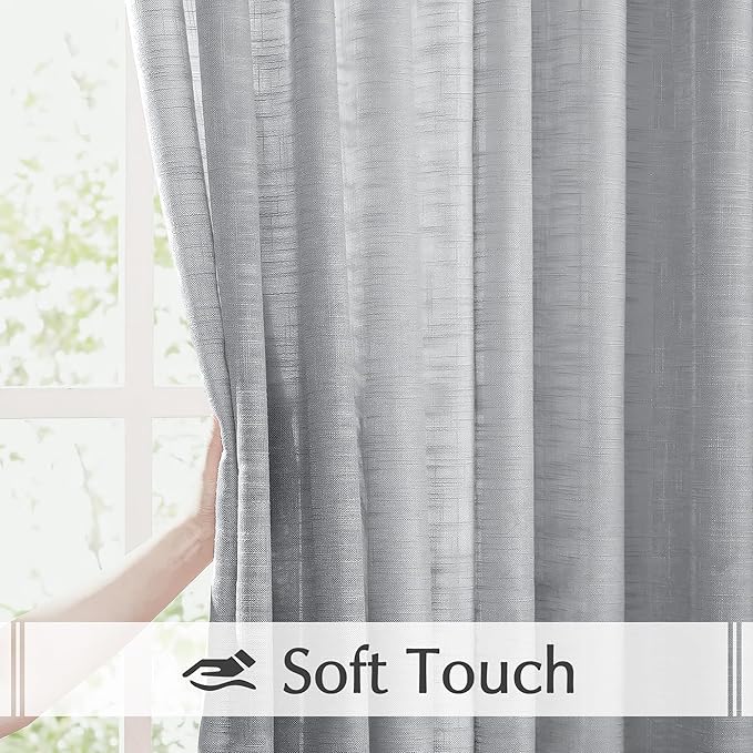 FMFUNCTEX Linen Grey Sheer Curtains for Bedroom 96 inches Long Sliding Door Curtain for Extra Wide Windows White Room Divider Rich Linen Textured Curtain Panels for Living Room Neutral Gray 1 Pack