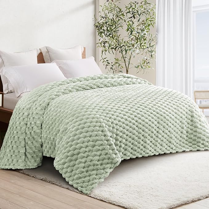 Whale Flotilla King Size Blanket for Bed with Jacquard Pattern, Fuzzy Soft Cozy Exquisite Blankets for All Season, Warm and Fluffy, 90x104 Inch, Sage Green