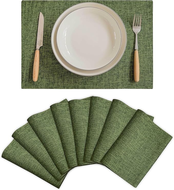 Demetex Dark Green Placemats Set of 8 Decorative Linen Textured Place Mats Heat Resistant Plate Platemats for Cafe Party Banquet Tables, 13x19 inch, Green