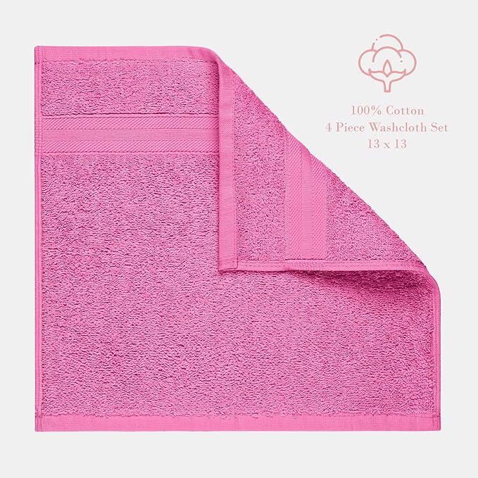Quick-Dry, Soft & High Absorbent Washcloths Towels 13"x13" Cotton Turkish Bath Towel Set of 4 | Daily Use 100% Cotton Towels for Bathroom, Gym & More | Bathroom Towels Set (4 Pcs, Pink)