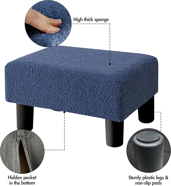 BRIAN & DANY Small Foot Stool Ottoman, Footstool with Legs, Teddy Velvet Foot Rest for Living Room, Bedroom and Office, Blue