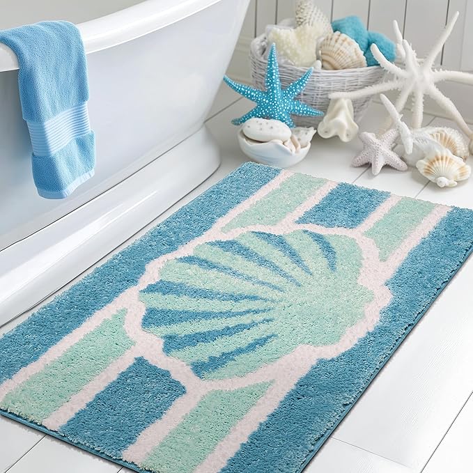 Blue Beach Bathroom Rugs Non Slip Washable Small Cute Coastal Bath Mats Rugs for Bathroom Floor Nautical Fluffy Plush Soft Absorbent Farmhouse Carpet for Shower, Tub, 20x32 inch