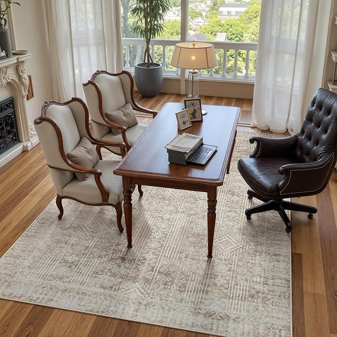 Lahome Neutral Boho Rugs for Bedroom 8x10, Farmhouse Rug for Living Room, Beige Cream Carpet for Dining Room, Soft Rubber Backed Non-Slip Carpets for Home Office