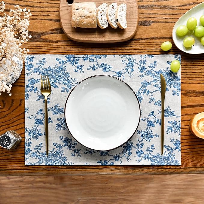 Pastoral Placemats for Dining Table Set of 6, Reversable & Heat-Resistant Non-Slip Place Mats for Kitchen Table Mats 13 x 19 Inch, Floral (Dark Blue)