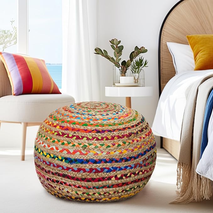 COTTON CRAFT Jute Chindi Pouf Ottoman – One of a Kind Jute Cotton Braided Moroccan Boho Kilim Foot Stool Bean Bag Accent Seating – Bedroom Dorm Kids Room Rustic Decorative Round Pouf – 18x14 - Multi