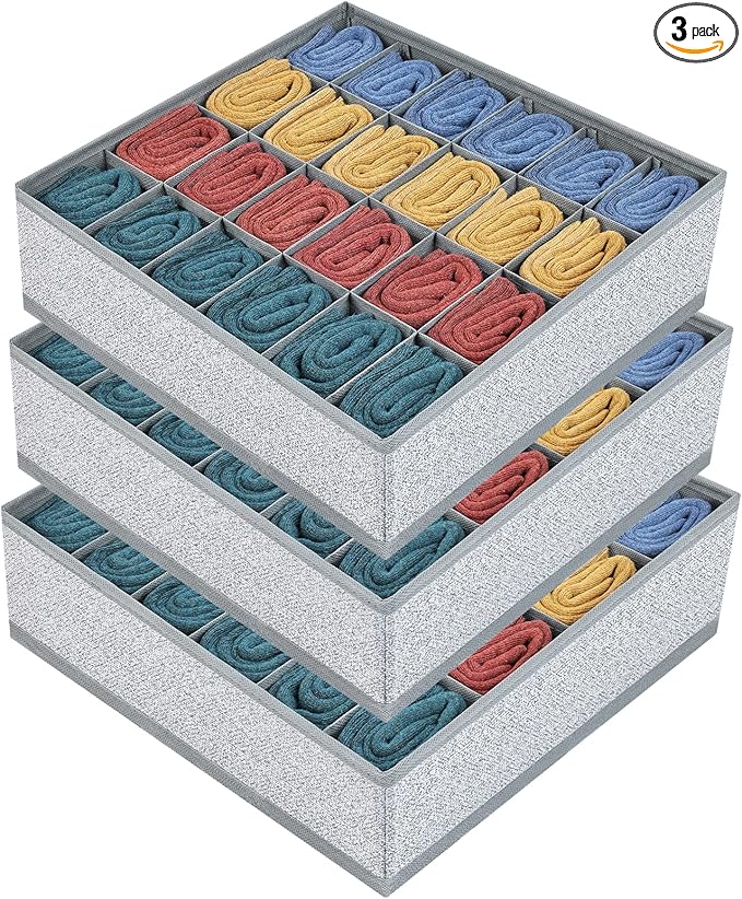 Joyoldelf Sock Organizer, 24-cell Underwear Drawer Organizer Women Fabric Sock Organizer for Closet for Socks, Lingerie, Handkerchiefs, Ties, 3 Packs (Gray)