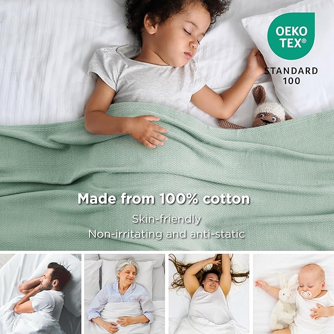 Bedsure 100% Cotton Blanket King Size for Bed - Breathable and Lightweight, Soft Cozy Textured Herringbone Woven Blanket for Summer, Sage Green, 108x90 inches