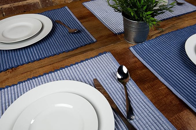 Sticky Toffee Woven Cotton Placemats Set of 4, Blue Ribbed 14 x 19 in, Washable Table Mats for Kitchen or Dining Table