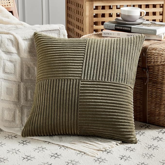 Fancy Homi 2 Packs Olive Green Euro Decorative Throw Pillow Covers 26x26 Inch for Living Room Couch Bed, Rustic Farmhouse Boho Home Decor, Soft Corss Corduroy Patchwork Textured Cushion Case 66x66 cm