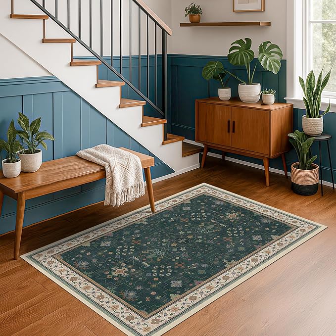 Dark Green 4x6 Living Room Rug - Modern Vintage Boho Floral Forest, Washable Low Pile Non-Slip Area Rugs for Door Mat Entrance, Mudroom, Kitchen, Bedroom Beside Bed, Office