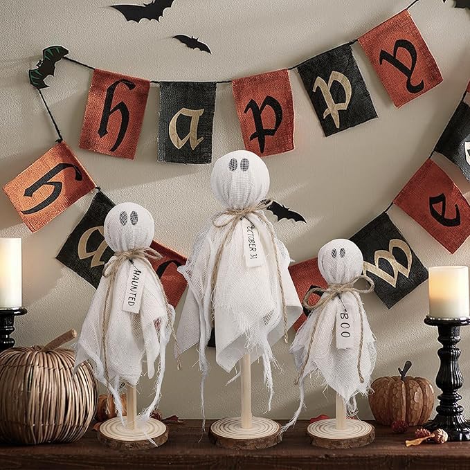 DR.DUDU 3 Pack Halloween Ghost Decor - Primitive Wooden Ghost Kit for Table Centerpiece Indoor Decorations, Spooky Cute Ghosts for Farmhouse Shelf Mantel Kitchen Home & Office Decor