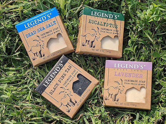 Legend's Creek Farm Goat Milk Soap - Cleansing Moisturizing Soap Bar for Hands and Body - 5 Oz Natural Soap for Sensitive Skin, Handmade in USA (4-Pack: Dead Sea, Eucalyptus, Lavender, Pine Tar)