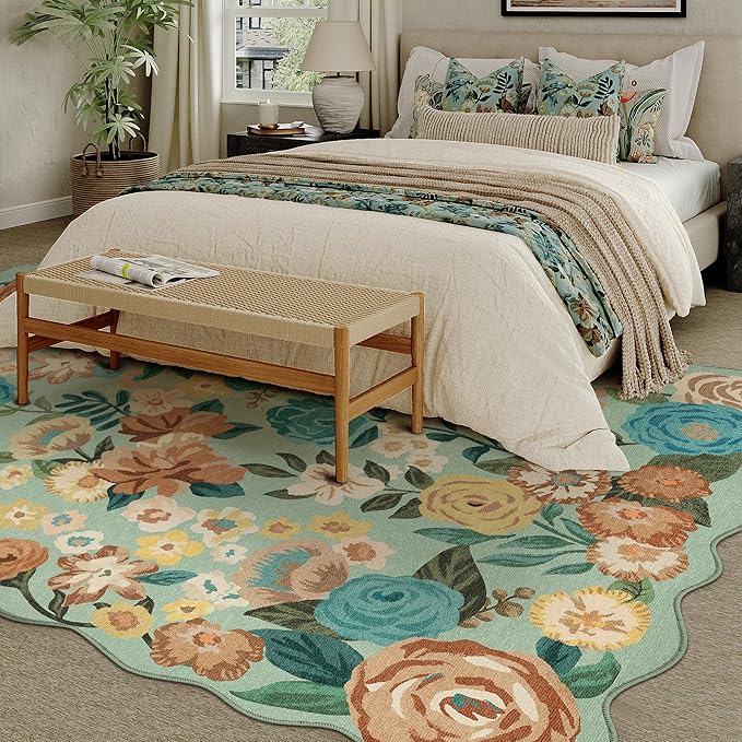 Washable Floral Area Rug 6x9 Green Living Room Large Carpet Bedroom Scalloped Flower Non Slip Soft Throw Rug Farmhouse Low Pile Thin Indoor Floor Cover for Dining Room Office