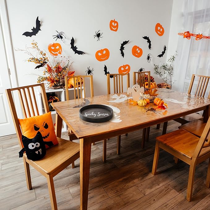 Elegant Designs HG2013-BKS Decorative 13.75" Round Wood Serving Tray w/Handles, Black Wash Spooky Season