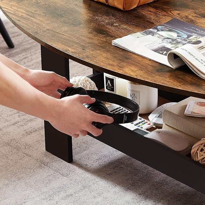 VECELO Coffee Table for Living Room with Storage Compartment Shelf, Rustic Brown