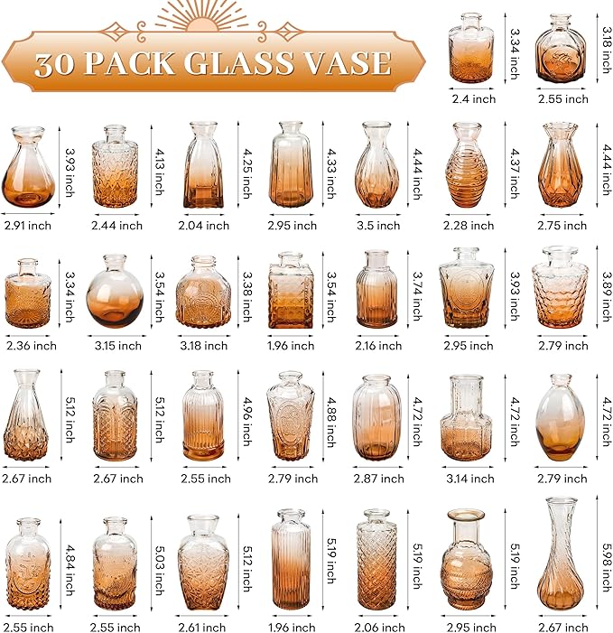 Der Rose Bud Vases in Bulk Glass Vase for Centerpieces Set of 30 Small Flower Vases Mini Vintage Vases for Rustic Wedding, Home Table Decorations (Amber)