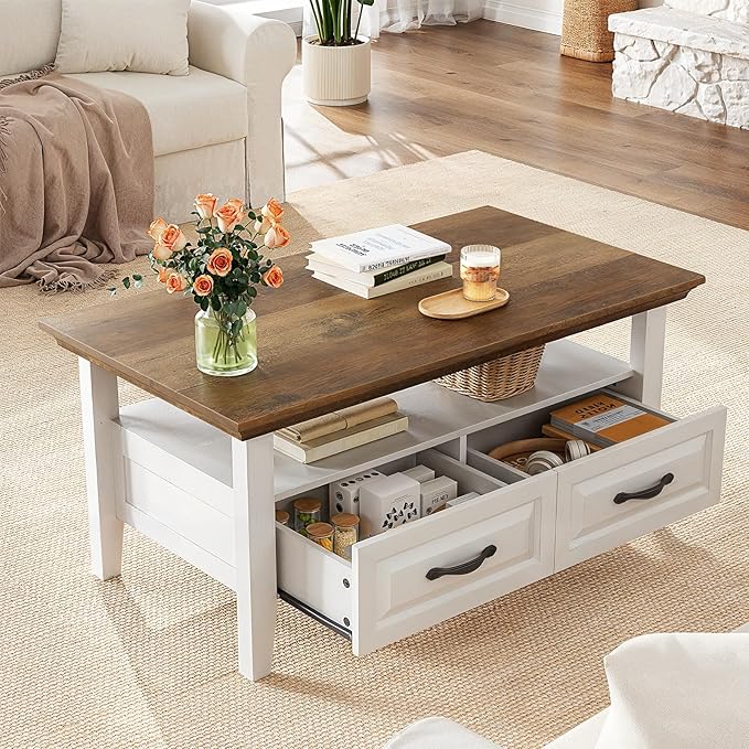 Marsail Farmhouse Coffee Table with Storage, 39.4" Wood Coffee Table for Living Room, Rustic Center Table with 2 Drawers, Open Display Area, Brown&White