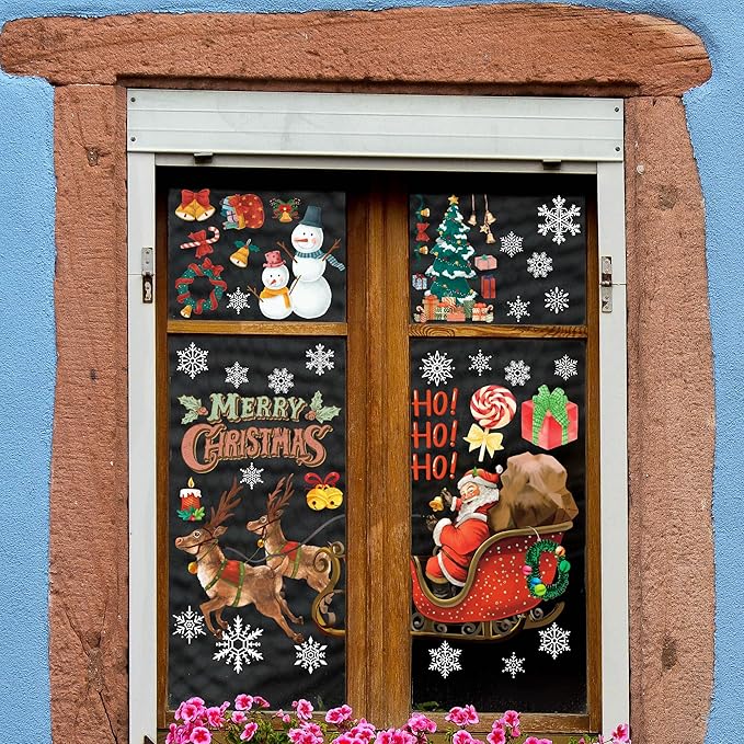 Christmas Decorations - Snowflake Window Clings Stickers for Glass | Christmas Decorations Indoor Outdoor - Holiday Santa Claus Reindeer Decals Xmas Decor Party Favors Supplies for Outside 2025